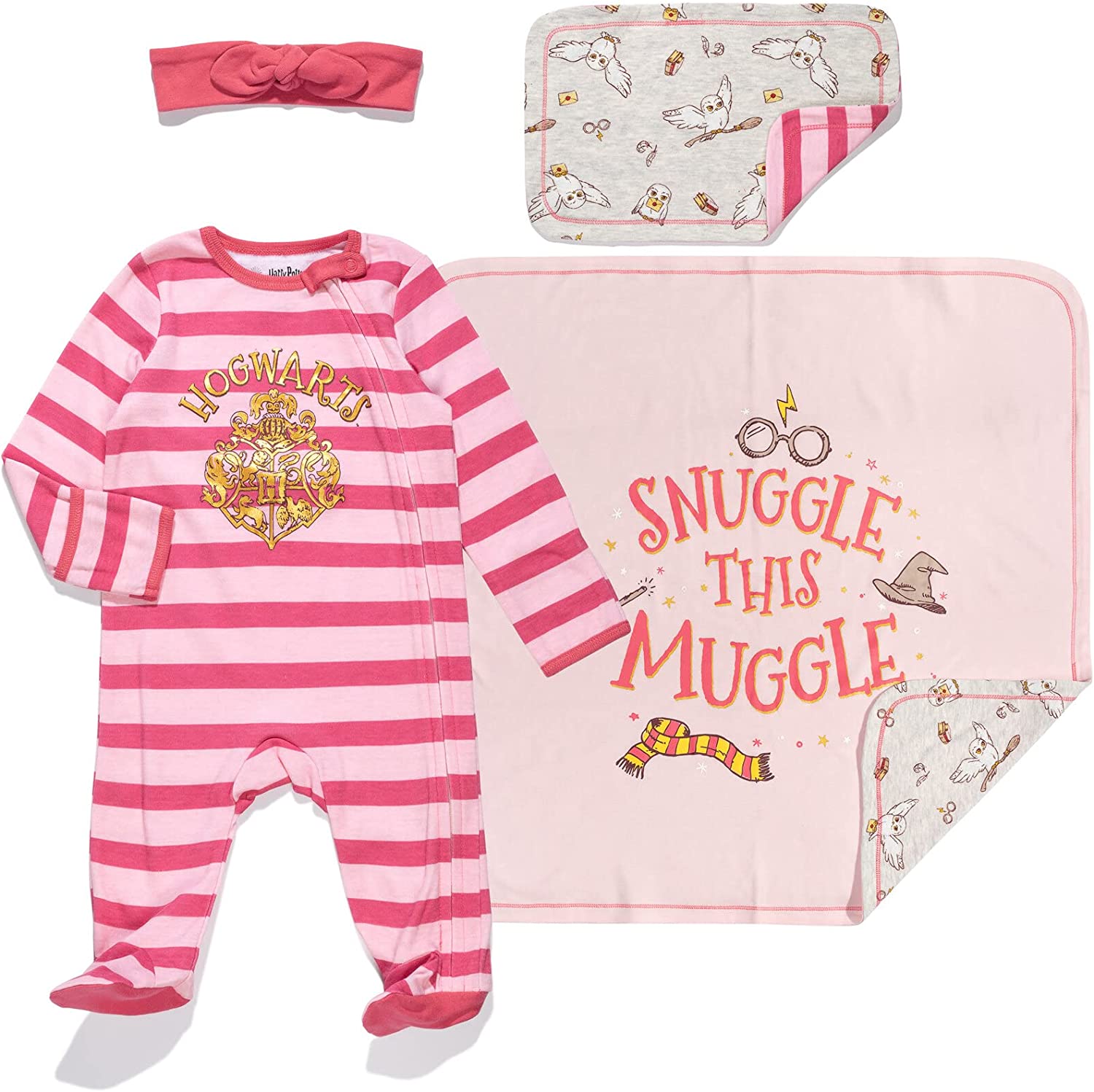230322144342932_1 Harry Potter Baby Zip Up Sleep N' Play Coverall Bib Blanket and Burp Cloth 4 Piece Outfit Set Newborn - Image 1